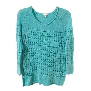 J. Jill Linen Cotton Blend Loose Open Knit Rolled Hems Rounded Neck Sweater 🩵